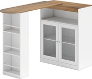 HOMCOM Mesa de Bar Extensível e Rotativa 360° com Prateleiras Abertas e 2 Portas de Vidro 150x80x105,5 cm Branco e Madeira | Aosom Portugal