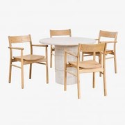 Conjunto De Mesa Redonda Ø100 Cm Em Cimento Look Travertino Velia E 4 Cadeiras De Jantar Em Madeira De Carvalho Mara Signature Look Travertino - Sklum