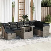 vidaXL 9 pcs conjunto sofás p/ jardim com almofadões vime PE cinzento