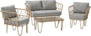 Outsunny Conjunto de Jardim de 4 Peças em Vime Sintético com 2 Poltronas 1 Sofá de 2 Lugares 1 Mesa e Almofadas Natural e Cinza | Aosom Portugal