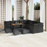 vidaXL Conjunto de Sofás de Jardim de 14 Peças da com Almofadas de Rattan Preto em Acácia