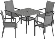 Outsunny Conjunto Mesa e Cadeiras para Jardim 5 Peças, Conjunto de Refeição com Mesa, Orifício para Guarda-Sol, 4 Cadeiras Empilháveis em Texteline, Estrutura em Aço, Conjunto de Mobiliário de Jardim para Terraço Pátio, Cinza | Aosom Portugal