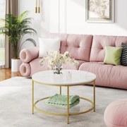 Mesa de centro redonda 80 cm d com tampo em imitação mármore Branco + dourado 