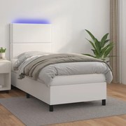 Cama box spring c/ colchão/LED 80x200cm couro artificial branco