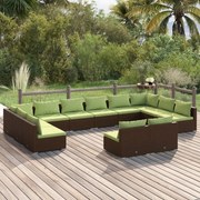 12 pcs conjunto lounge de jardim c/ almofadões vime PE castanho