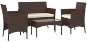 Outsunny Conjunto de Jardim em Vime com Almofadas Móveis de Exterior com 2 Poltronas Sofá de 2 Lugares Mesa com Vidro Marrom e Bege | Aosom Portugal