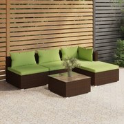 vidaXL 5 pcs conjunto lounge jardim c/ almofadões vime PE castanho