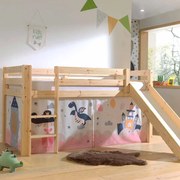 Cama alta de Criança PINO 90 x 200 cm + estrado + escada + escorrega + cortina Princesa Natural