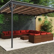 vidaXL 12 pcs conjunto lounge de jardim c/ almofadões vime PE castanho