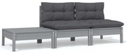 3 pcs conj. lounge jardim c/ almofadões pinho maciço cinzento