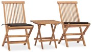 vidaXL 3 pcs conj. jantar dobrável exterior c/ almofadão teca maciça