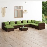 9 pcs conjunto lounge jardim c/ almofadões vime PE castanho