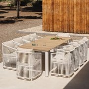 Conjunto De Mesa Retangular 260x100 Cm Em Alumínio E Madeira De Teca Sirka E 10 Cadeiras De Jardim Sophie Em Alumínio Gardénia Branco - Sklum