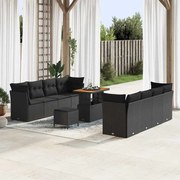 vidaXL Conjunto de sofás de jardim da com 11 peças e almofadas em rattan preto e madeira de acácia.
