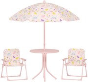 AIYAPLAY Conjunto de Mesa e Cadeiras para Crianças de Jardim com Cadeiras Dobráveis Chapéu de Sol Ajustável e Desenho de Raposas Rosa