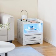 Mesa de cabeceira LED com Estante, Gaveta, Porta USB, 3 cores de luz e iluminação ajustável para o quarto 45 x 40 x 50 cm Branco