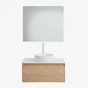 Conjunto De Móvel De Casa De Banho Suspenso 80x50 Cm Em Madeira De Freixo Tedrik Castanho Fresno & Cerâmica Redonda Branca Ø40 Cm - Sklum