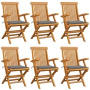 vidaXL Cadeiras de jardim c/ almofadões cinzentos 6 pcs teca maciça