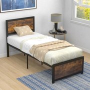 Cama de solteiro com cabeceira alta Ripas metálicas e barras silenciosas Fácil montagem 205 x 91 x 104 cm Castanho rústico e preto