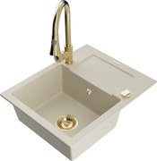 Mexen Enzo lava-louça de granito de uma bacia com escorredor e torneira de cozinha Elia, bege - 6506-69-670101-50
