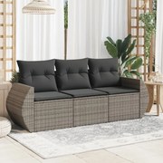 vidaXL 3 pcs conjunto sofás de jardim c/ almofadões vime PE cinzento