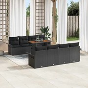 vidaXL Conjunto de Sofá de Jardim 9 Peças com Almofadas Pretas em Polirattan e Acácia