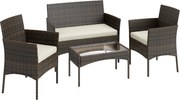 Outsunny Conjunto de Jardim em Vime com Almofadas Móveis de Exterior com 2 Poltronas Sofá de 2 Lugares Mesa com Vidro Castanho e Bege | Aosom Portugal