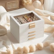 Caixa para joias 20,3 x 23,1 x 16,5 cm, caixa de joias com 4 níveis, caixa para joias com tampa de vidro Branco e dourado