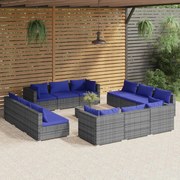 13 pcs conjunto lounge de jardim c/ almofadões vime PE cinzento