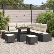 Conjunto de Sofá de Jardim de 8 Peças com Almofadas Preto Rattan Poliéster Acácia