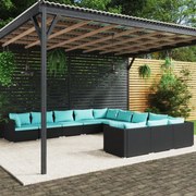 11 pcs conjunto lounge de jardim c/ almofadões vime PE preto