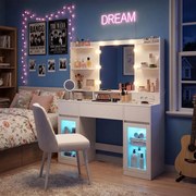 Toucador com espelho 107 x 40 x 144,5 cm (CADEIRA NÃO INCLUIDA), iluminação RGB, tomada e 2 armários Branco