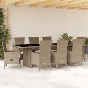 vidaXL 9 pcs conjunto de jantar p/ jardim com almofadões vime PE bege