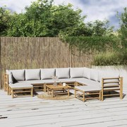 11 pcs conj. lounge de jardim bambu c/ almofadões cinza-claro