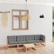 5 pcs conjunto lounge de jardim c/ almofadões pinho maciço