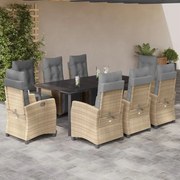 vidaXL 9 pcs conj. jantar jardim c/ almofadões vime PE bege misturado