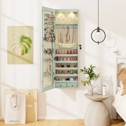 Armário de joias em madeira com espelho de parede e LED interno Organizador de porta ou parede com chave 35,5 x 10 x 120 cm Verde Claro