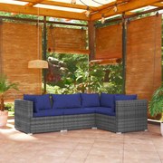 4 pcs conjunto lounge de jardim c/ almofadões vime PE cinza