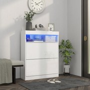 Móvel Sapateira de Entrada com Luzes LED Prateleira Aberta e 2 Gavetas Basculantes para 12-16 Pares 80x24x99,5 cm Branco Brilhante
