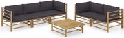 vidaXL 6 pcs conj. lounge jardim em bambu c/ almofadões cinza-escuro