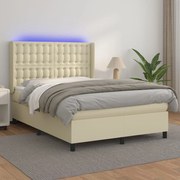 Cama box spring c/ colchão/LED 140x200cm couro artificial creme