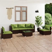 6 pcs conjunto lounge de jardim c/ almofadões vime PE castanho