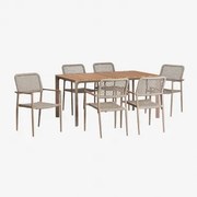 Conjunto De Mesa Retangular 160x90 Cm Em Alumínio E Madeira De Teca Katiana E 6 Cadeiras Empilháveis Em Alumínio E Corda Trançad Moka Brown - Sklum