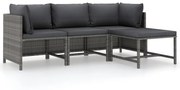 4 pcs conjunto lounge de jardim c/ almofadões vime PE cinzento