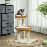 Arranhador para gatos com 75,5 cm de altura, com duas camas para gatos em rattan, arranhadores e almofadas laváveis em bege