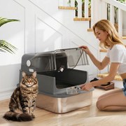 Caixa de Areia para Gatos XXL em Aço Inoxidável com Tampa Basculante, Laterais Altas, Entrada Superior, Pá, Preto