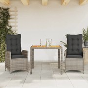 vidaXL 3 pcs conjunto de jantar p/ jardim c/ almofadões vime PE cinza