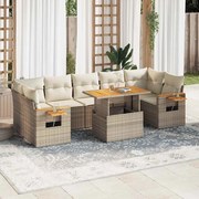 8 pcs conjunto sofás jardim com almofadões vime PE/acácia bege