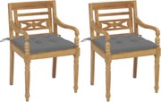 vidaXL Cadeiras Batávia c/ almofadões cinzento 2 pcs teca maciça