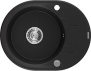 Mexen Kevin lava-louça de granito 1-bacia com escorredor 586 x 458 mm, preto, sifão cromado - 6517581005-77
